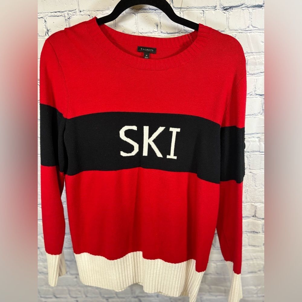 Talbots Red Cream Black SKI Thermolite Chalet Chic Cozy Holiday Sweater M